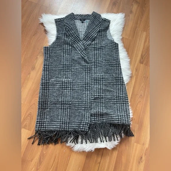 Black Gray Plaid Long Vest Plus Size XXL - Picture 3 of 12